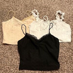 3 Pack Elegant Women's Lace Eyelet Pattern Trim Tops- Black, White, Light Yellow